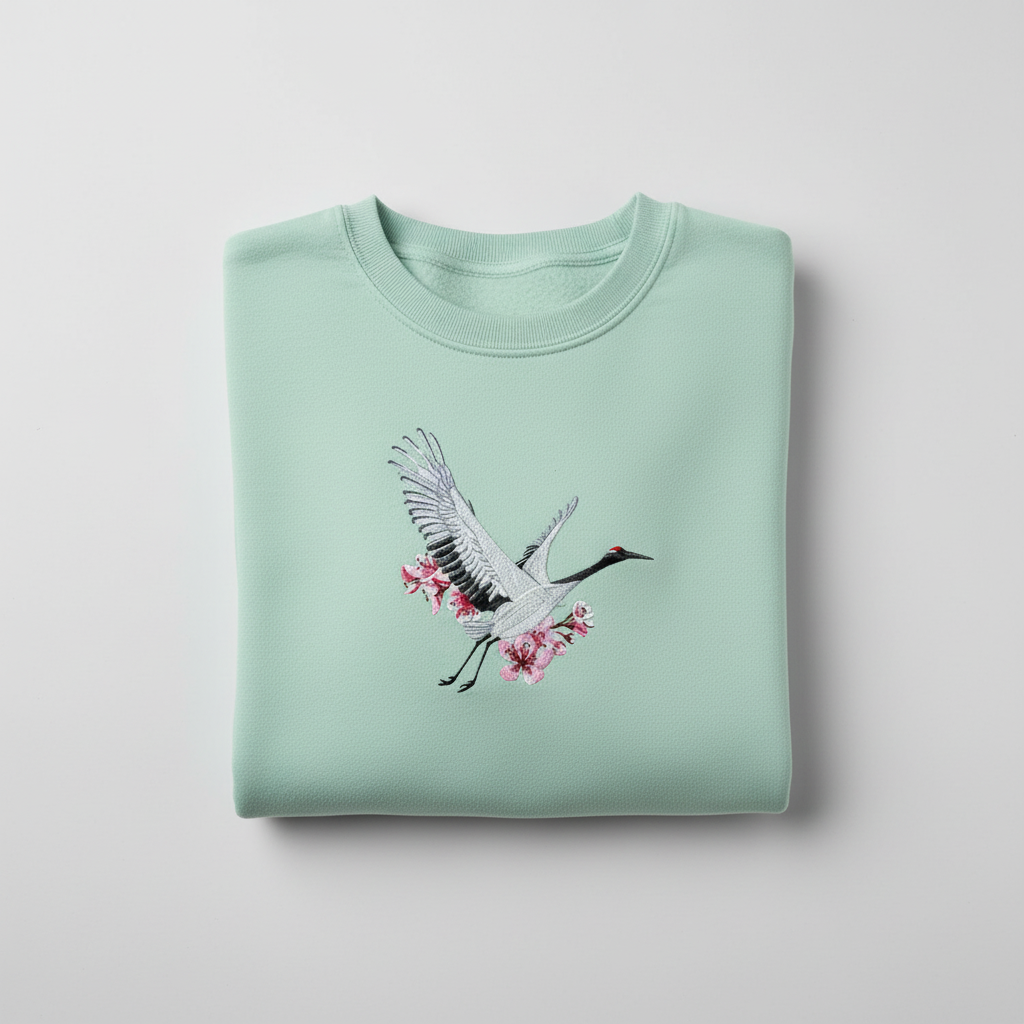 Sakura Crane — Premium Embroidered Unisex Crewneck | Original EmbroMania Design