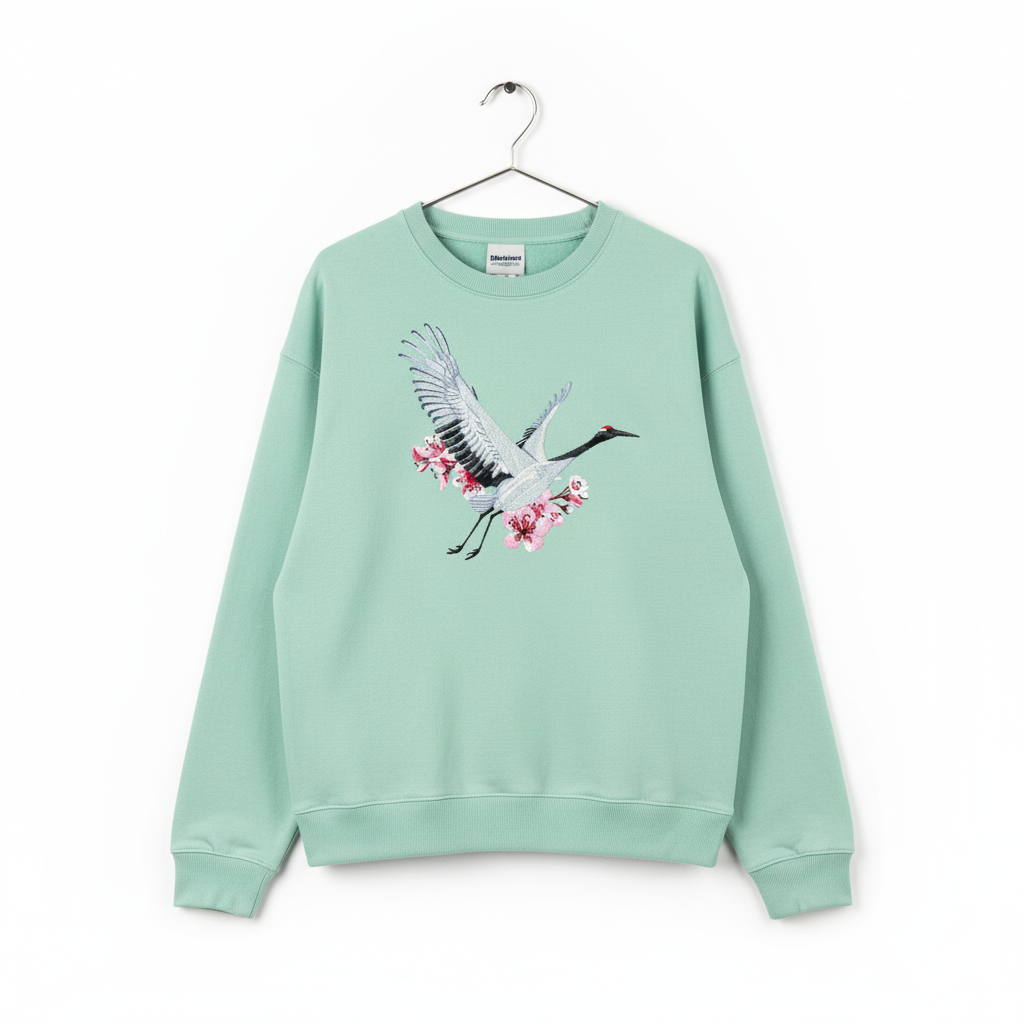 Sakura Crane — Premium Embroidered Unisex Crewneck | Original EmbroMania Design