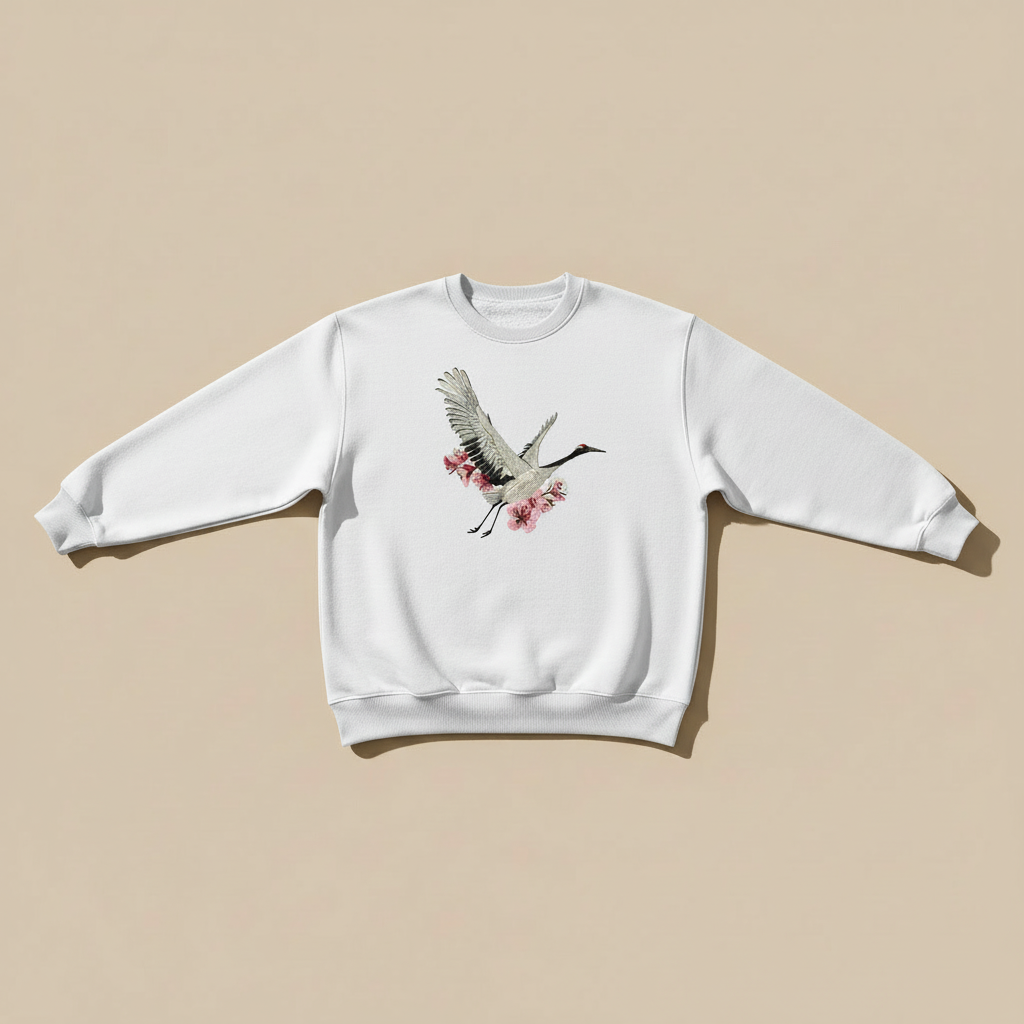 Sakura Crane — Premium Embroidered Unisex Crewneck | Original EmbroMania Design