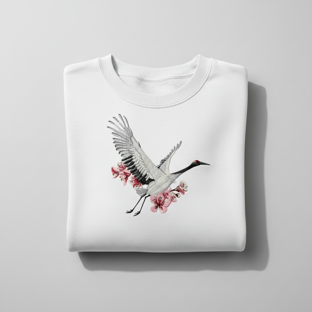 Sakura Crane — Premium Embroidered Unisex Crewneck | Original EmbroMania Design