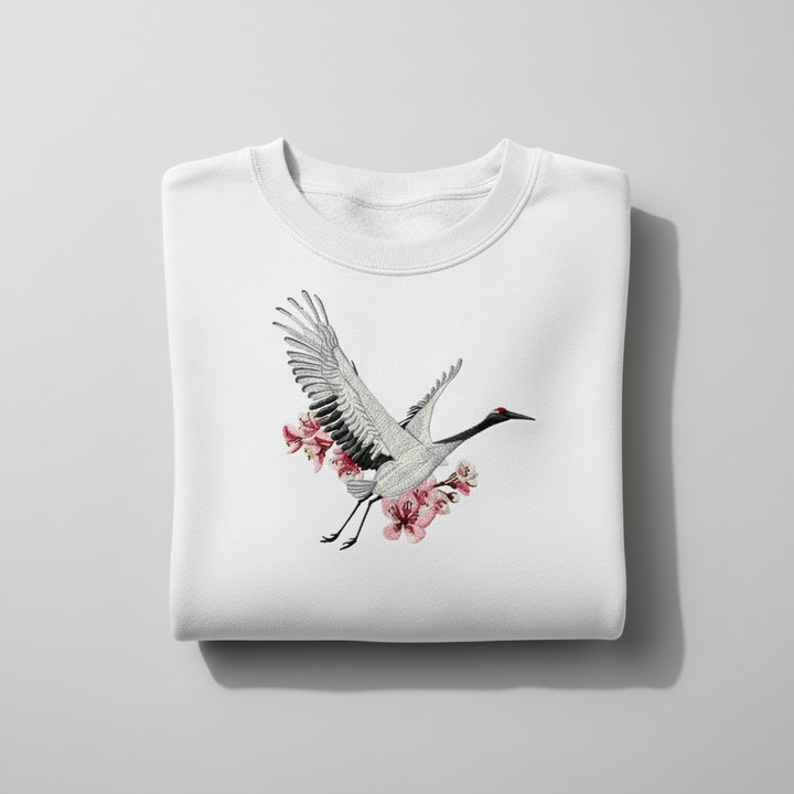 Sakura Crane — Premium Embroidered Unisex Crewneck | Original EmbroMania Design
