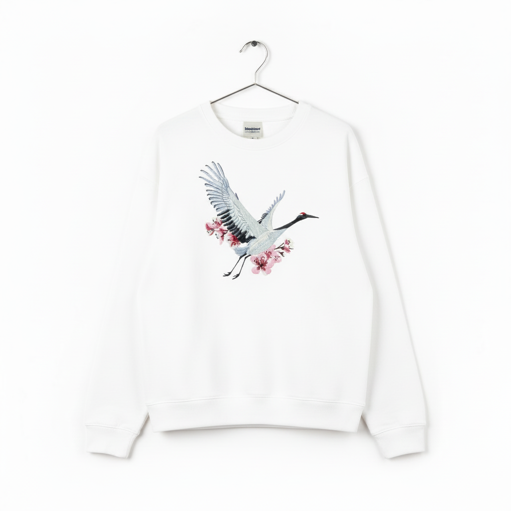 Sakura Crane — Premium Embroidered Unisex Crewneck | Original EmbroMania Design