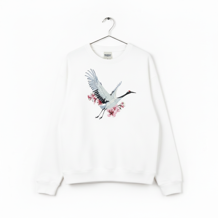 Sakura Crane — Premium Embroidered Unisex Crewneck | Original EmbroMania Design