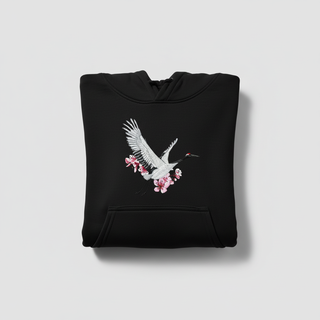 Sakura Crane — هودي مطرّز فاخر | تصميم Embromania الأصلي