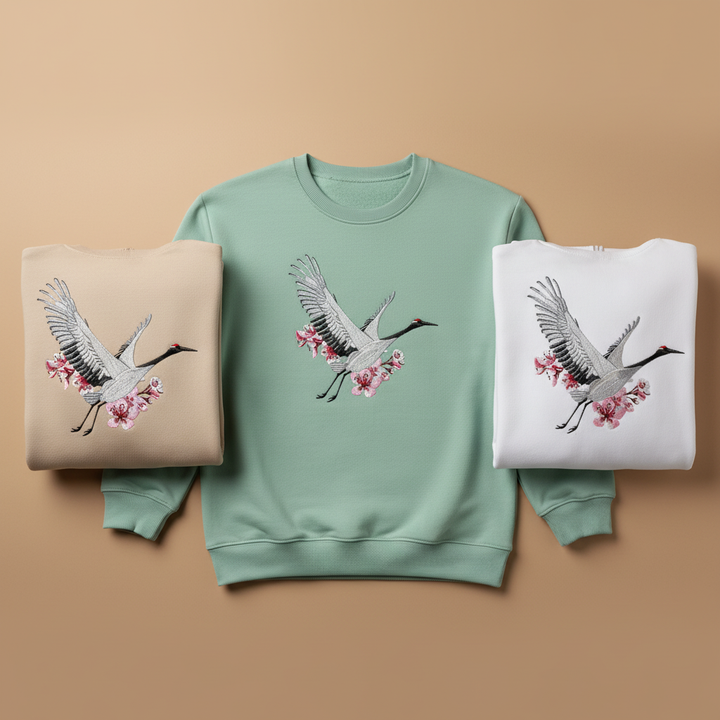 Sakura Crane — Premium Embroidered Unisex Crewneck | Original EmbroMania Design