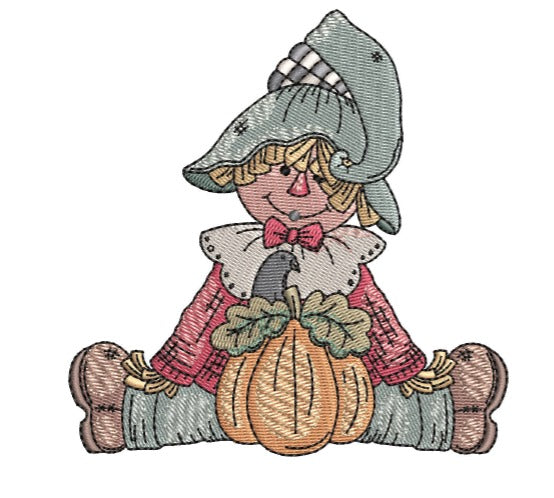 Embroidered design of a scarecrow holding a pumpkin on a white background