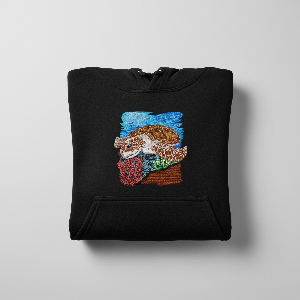 Sea Turtle Reef Machine Embroidered Hoodie – Hand Finished in Dubai | EmbroMania