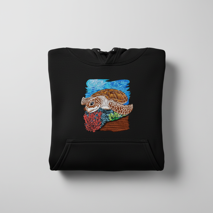 Sea Turtle Reef Machine Embroidered Hoodie – Hand Finished in Dubai | EmbroMania
