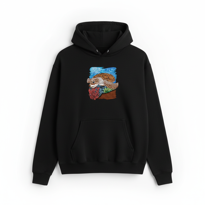 Sea Turtle Reef Machine Embroidered Hoodie – Hand Finished in Dubai | EmbroMania