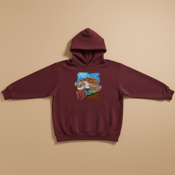Sea Turtle Reef Machine Embroidered Hoodie – Hand Finished in Dubai | EmbroMania