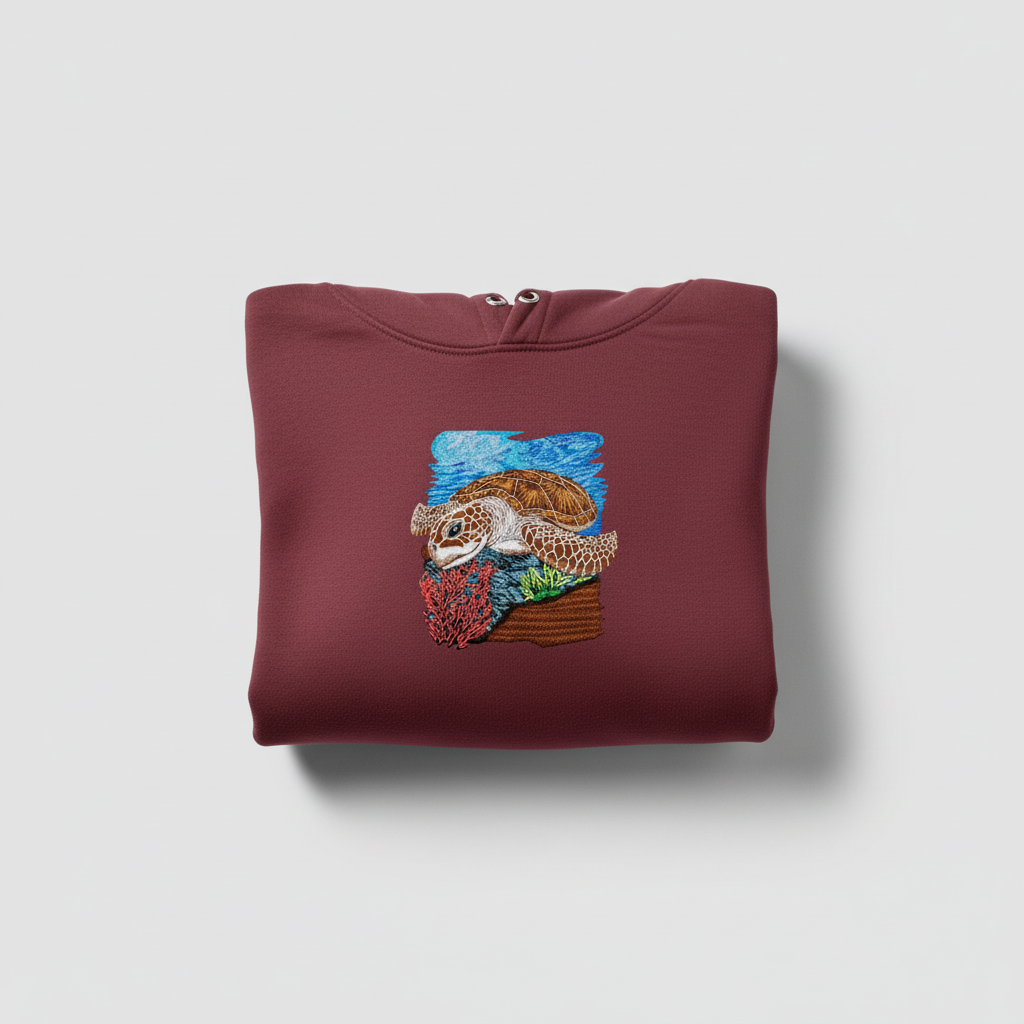 Sea Turtle Reef Machine Embroidered Hoodie – Hand Finished in Dubai | EmbroMania