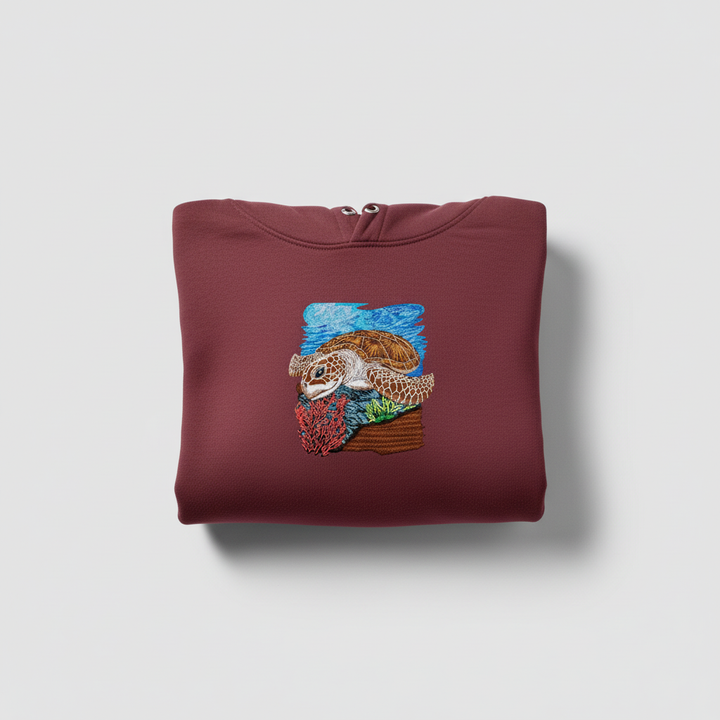 Sea Turtle Reef Machine Embroidered Hoodie – Hand Finished in Dubai | EmbroMania