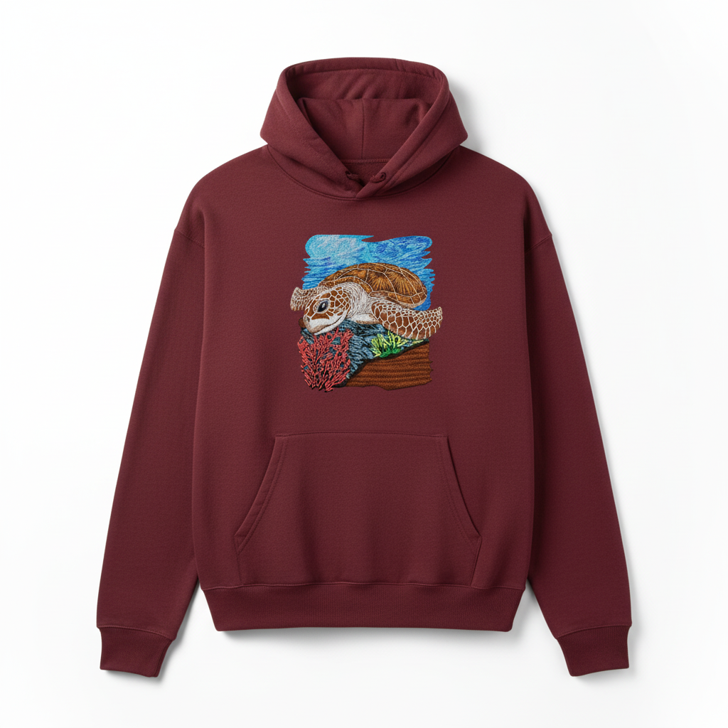 Sea Turtle Reef Machine Embroidered Hoodie – Hand Finished in Dubai | EmbroMania