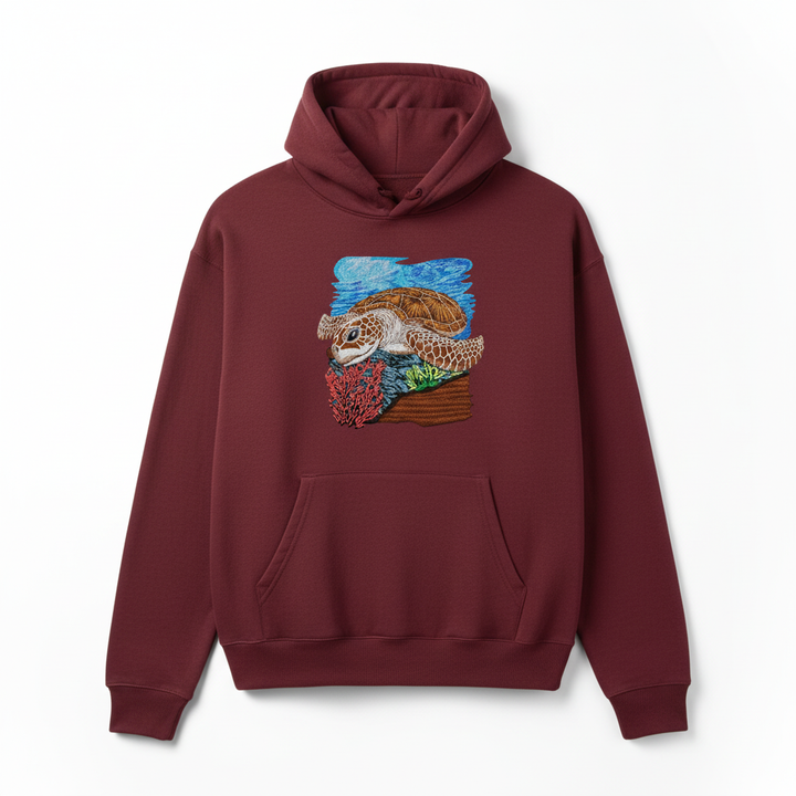 Sea Turtle Reef Machine Embroidered Hoodie – Hand Finished in Dubai | EmbroMania