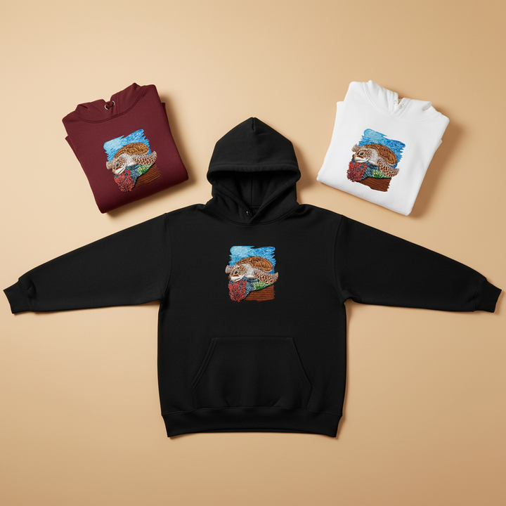 Sea Turtle Reef Machine Embroidered Hoodie – Hand Finished in Dubai | EmbroMania