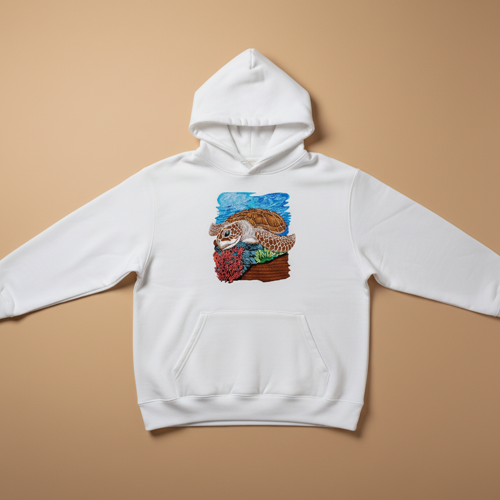 Sea Turtle Reef Machine Embroidered Hoodie – Hand Finished in Dubai | EmbroMania