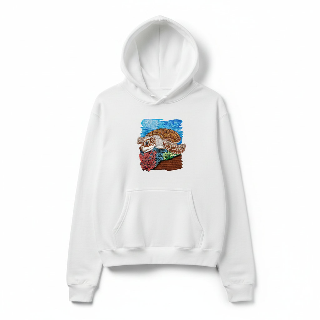 Sea Turtle Reef Machine Embroidered Hoodie – Hand Finished in Dubai | EmbroMania