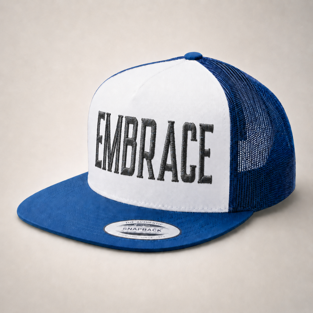 Blue and white trucker hat with &