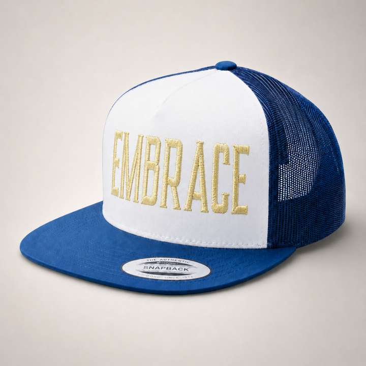 Blue and white trucker cap with &