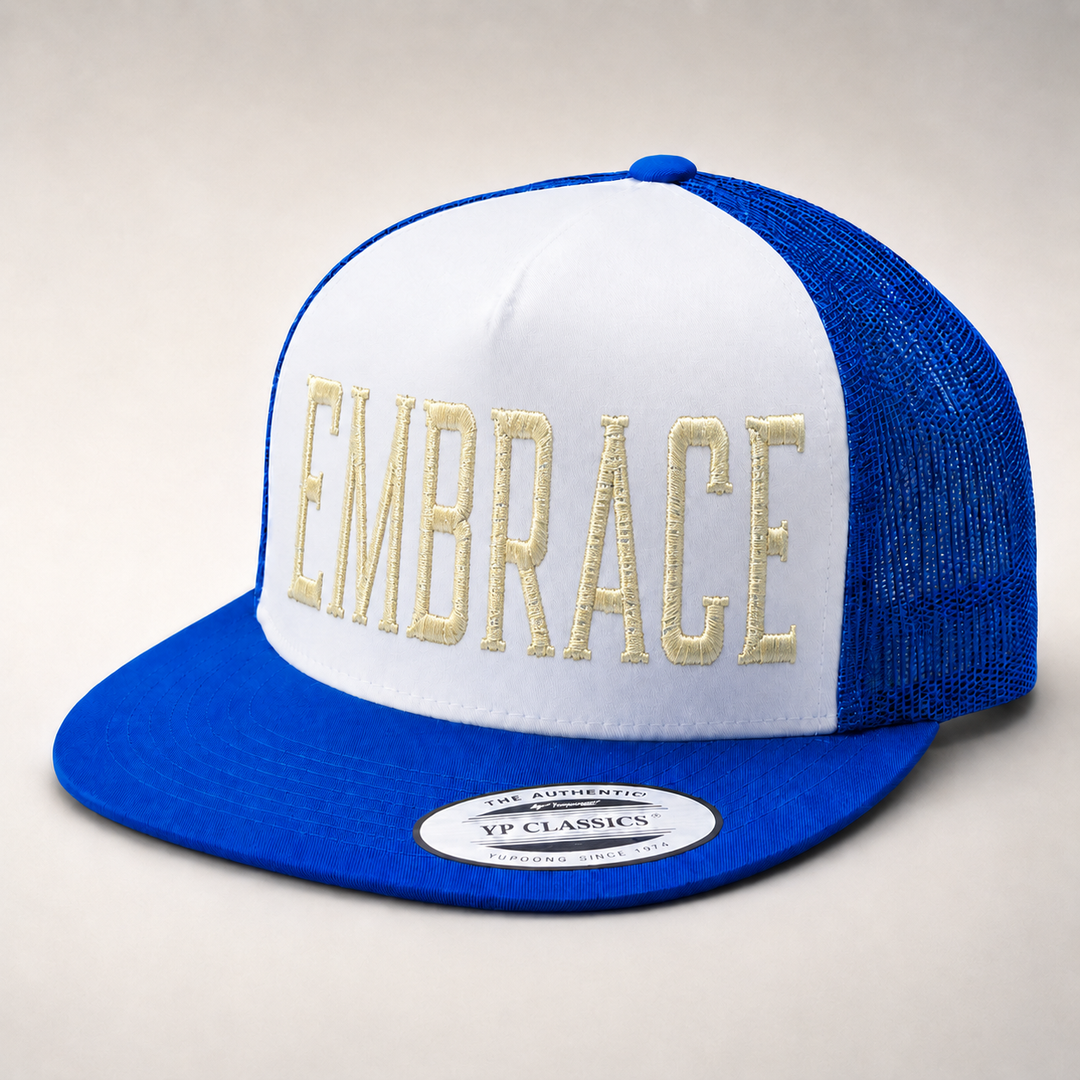 Blue and white cap with &