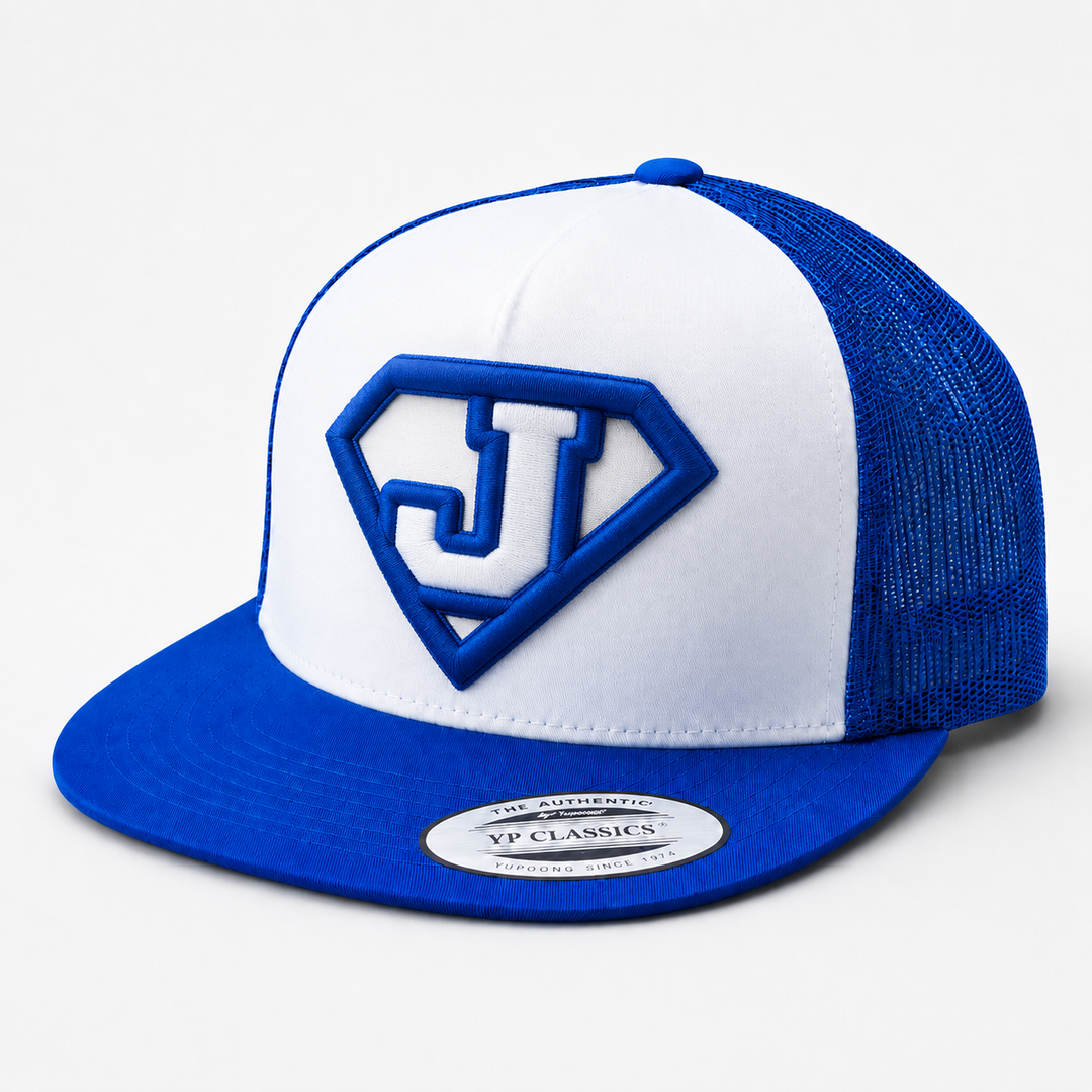 Sporty Clean – White and Royal Blue Trucker with Royal Blue 3D Puff Superman Shield Initial | Hand Finished in Dubai | EmbroMania