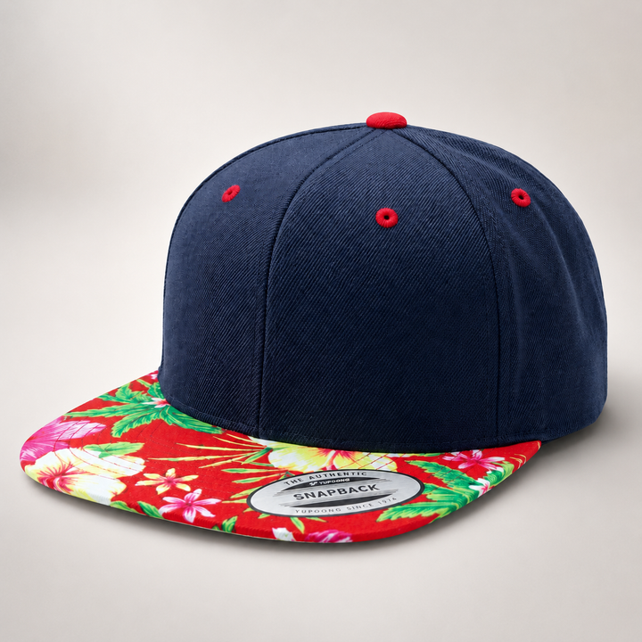 Navy blue snapback cap with a colorful floral brim on a light gray background