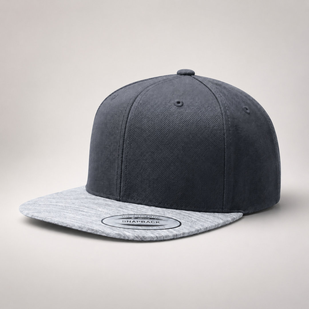 Two-tone gray cap with a flat brim on a light gray background