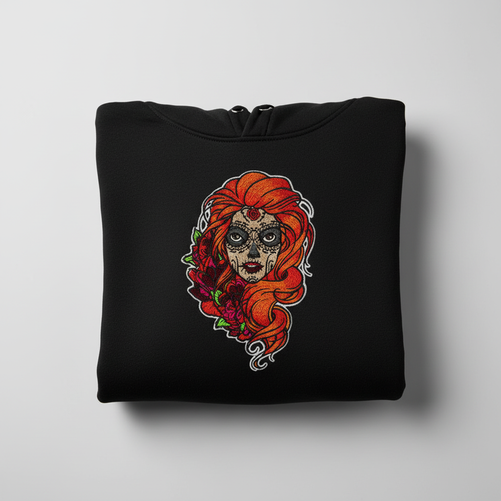 Sugar Skull Rose Queen — Premium Embroidered Hoodie | Original EmbroMania Design
