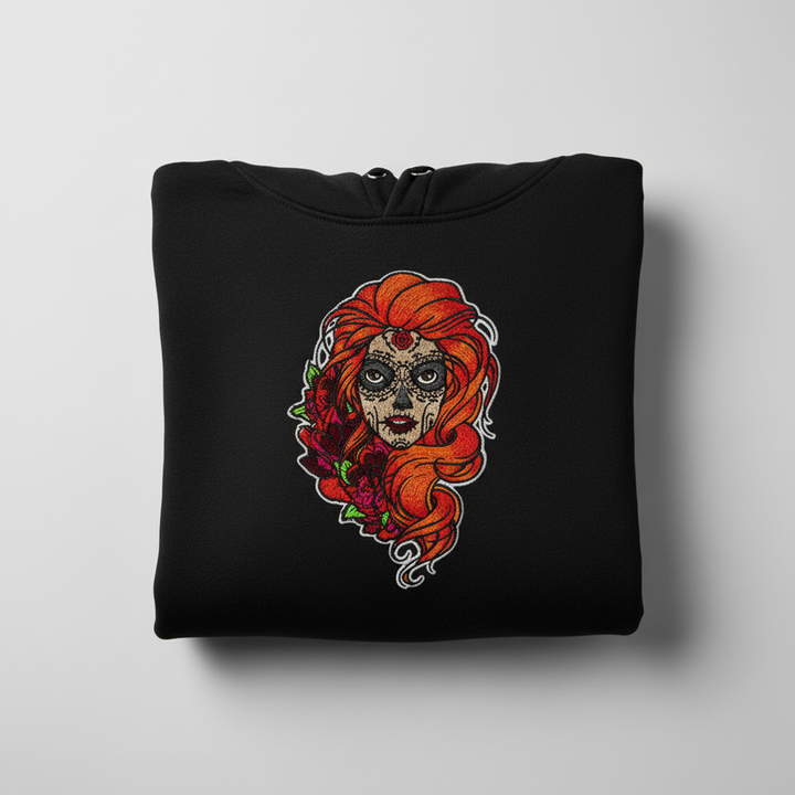 Sugar Skull Rose Queen — Premium Embroidered Hoodie | Original EmbroMania Design