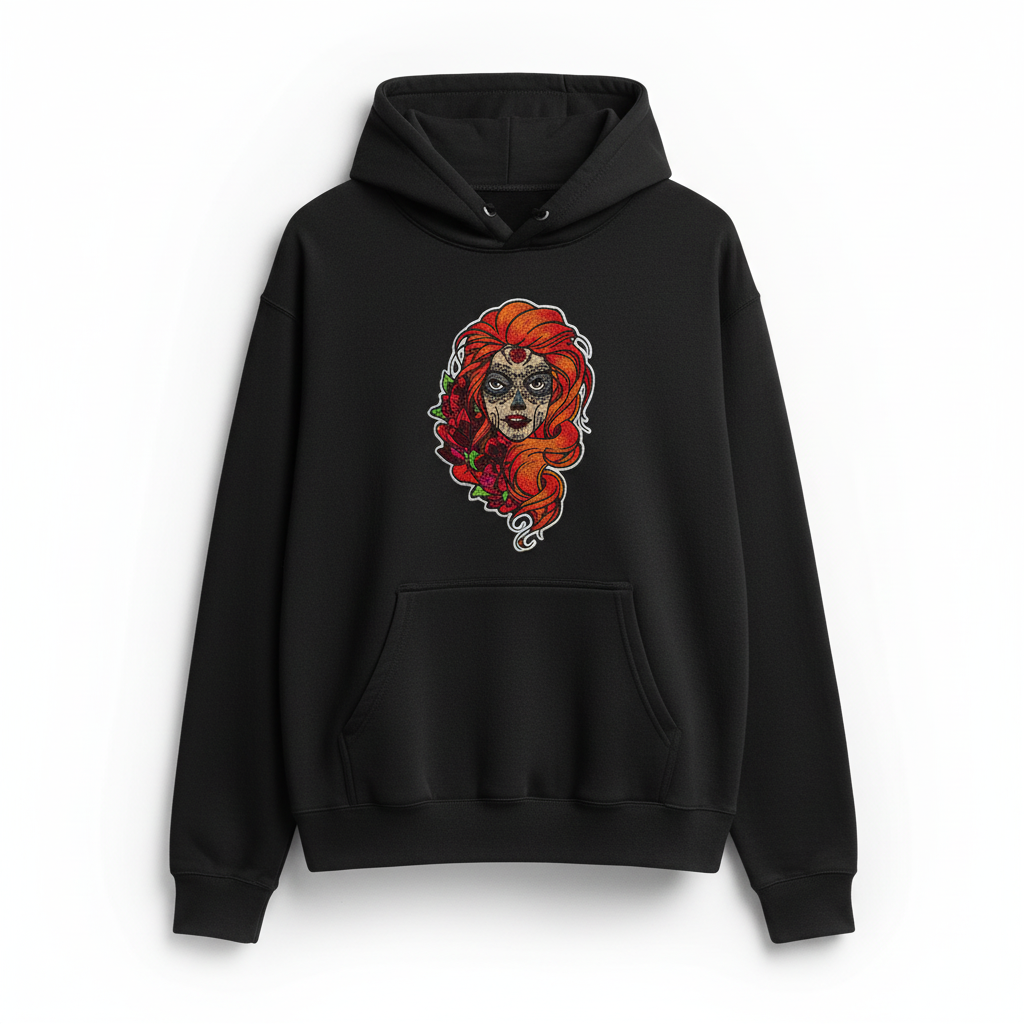 Sugar Skull Rose Queen — Premium Embroidered Hoodie | Original EmbroMania Design