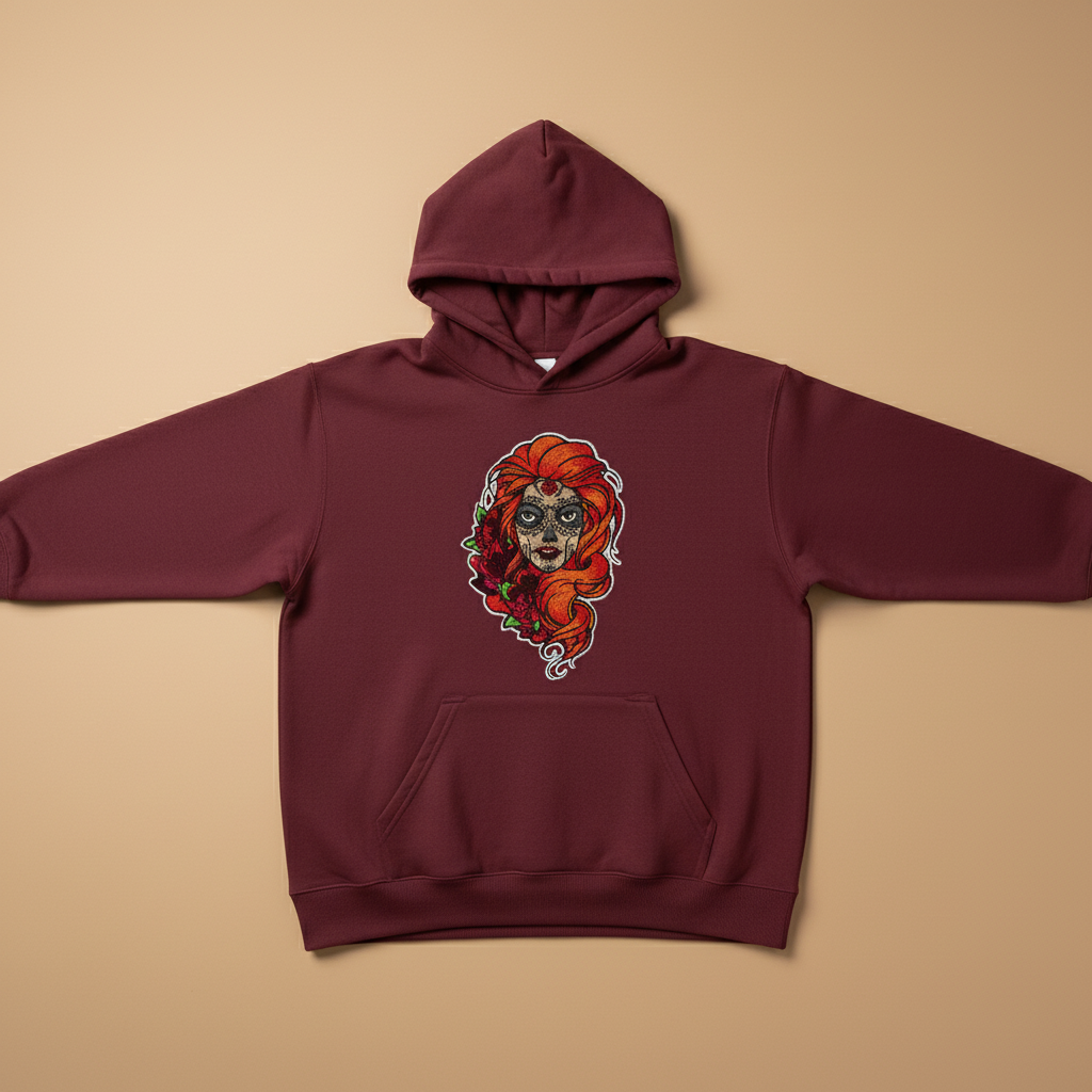 Sugar Skull Rose Queen — Premium Embroidered Hoodie | Original EmbroMania Design