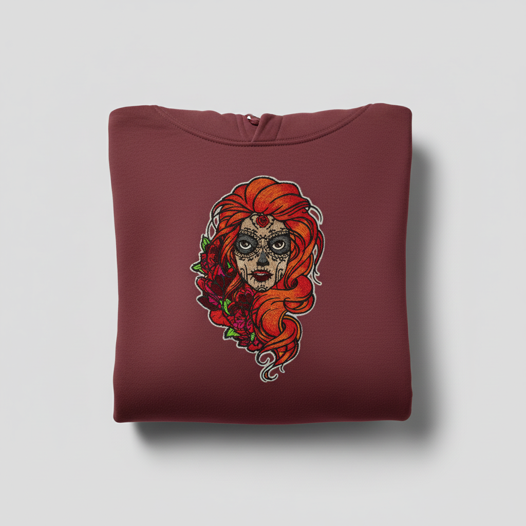Sugar Skull Rose Queen — Premium Embroidered Hoodie | Original EmbroMania Design