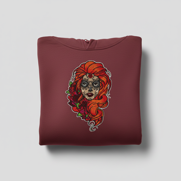 Sugar Skull Rose Queen — Premium Embroidered Hoodie | Original EmbroMania Design