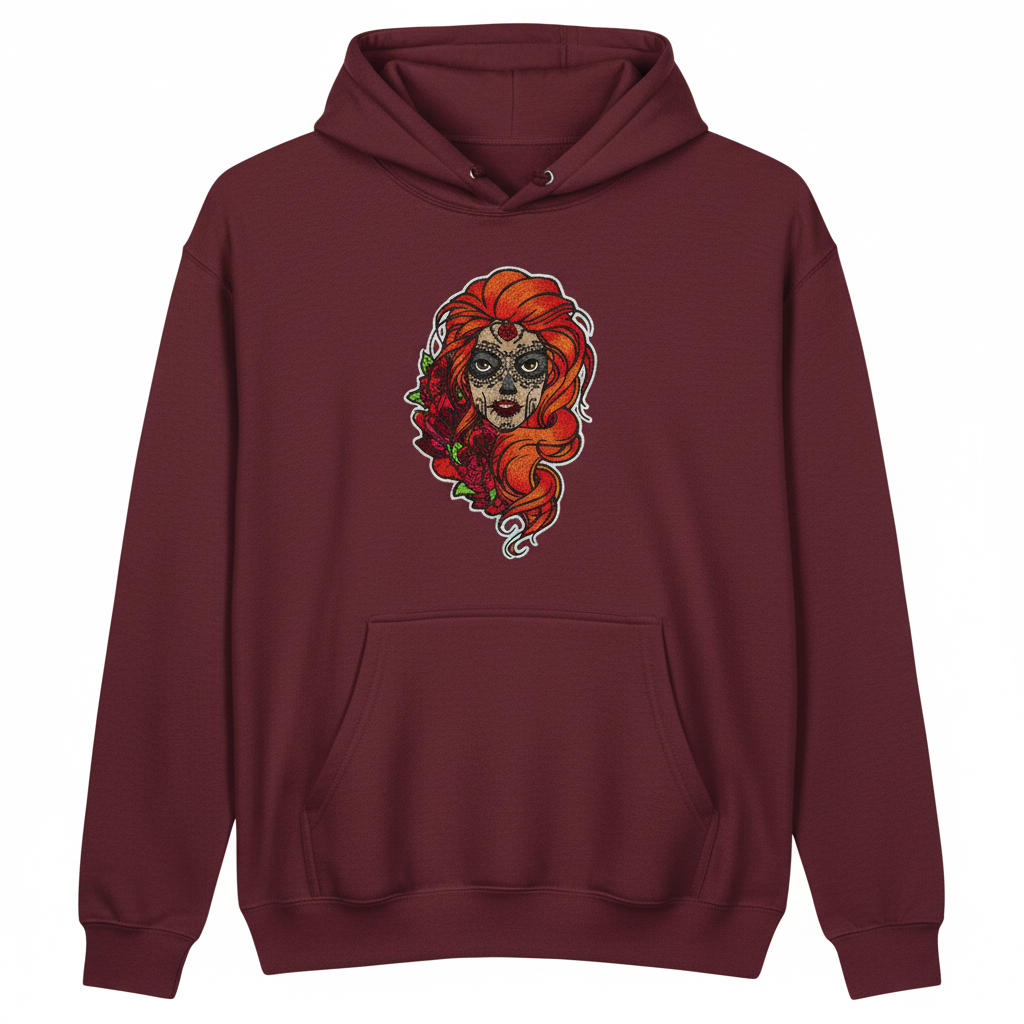 Sugar Skull Rose Queen — Premium Embroidered Hoodie | Original EmbroMania Design