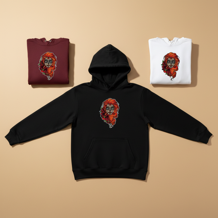 Sugar Skull Rose Queen — Premium Embroidered Hoodie | Original EmbroMania Design