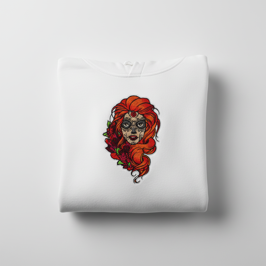 Sugar Skull Rose Queen — Premium Embroidered Hoodie | Original EmbroMania Design