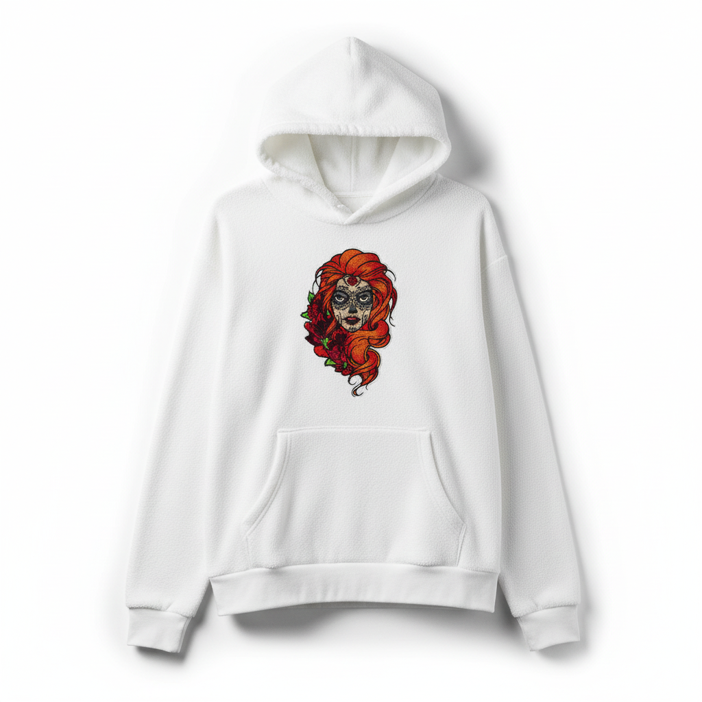 Sugar Skull Rose Queen — Premium Embroidered Hoodie | Original EmbroMania Design