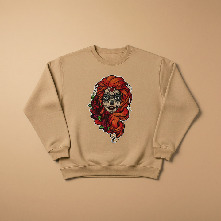 Sugar Skull Rose — Premium Embroidered Unisex Crewneck | Original EmbroMania Design