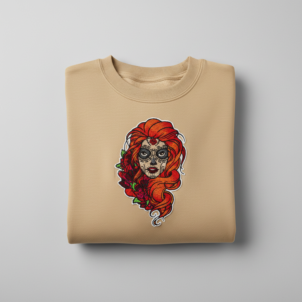 Sugar Skull Rose — Premium Embroidered Unisex Crewneck | Original EmbroMania Design