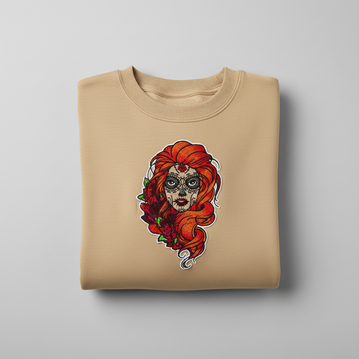 Sugar Skull Rose — Premium Embroidered Unisex Crewneck | Original EmbroMania Design