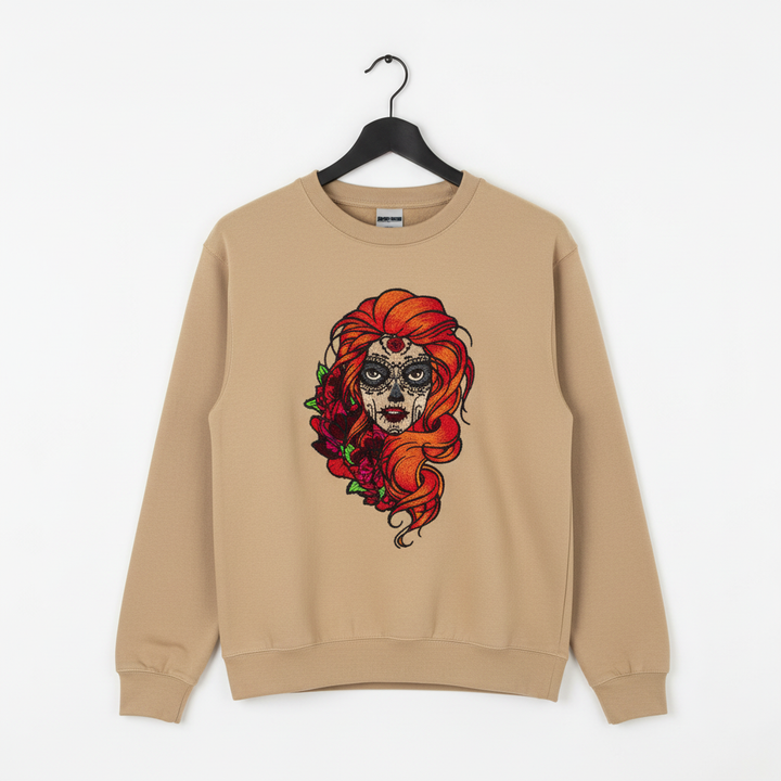 Sugar Skull Rose — Premium Embroidered Unisex Crewneck | Original EmbroMania Design