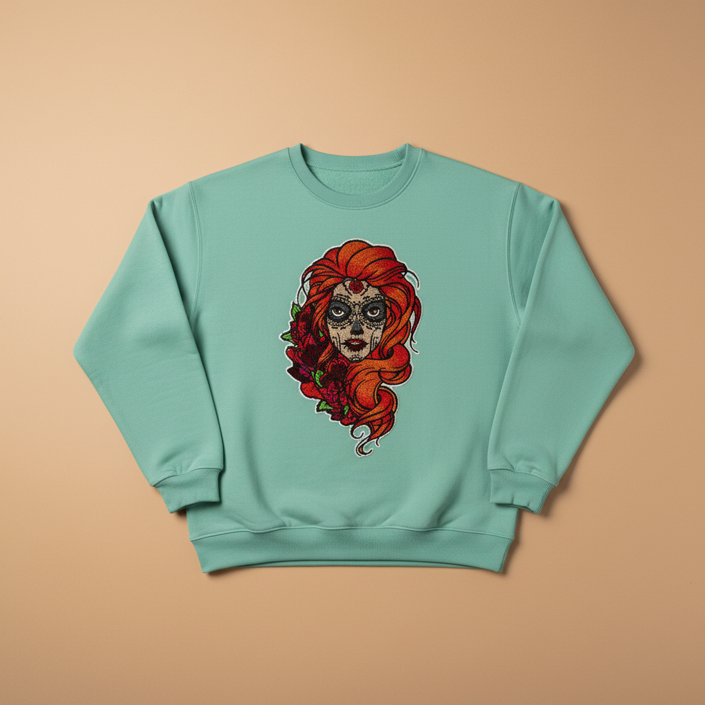 Sugar Skull Rose — Premium Embroidered Unisex Crewneck | Original EmbroMania Design