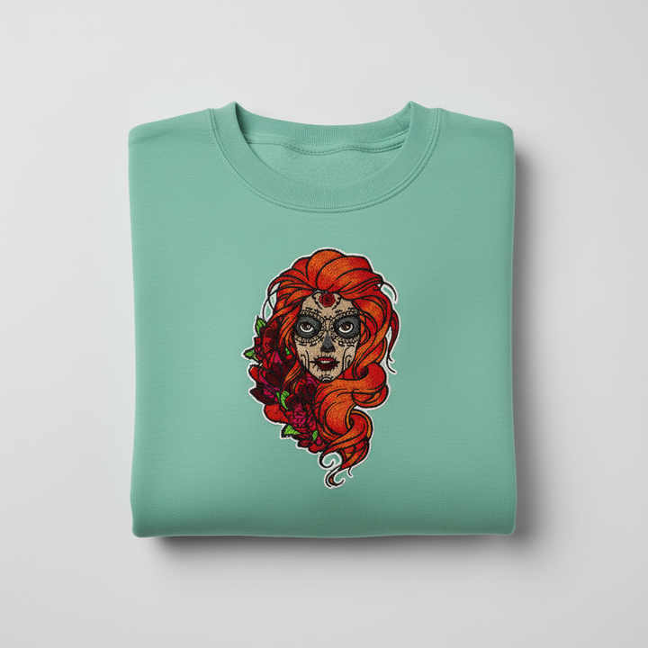 Sugar Skull Rose — Premium Embroidered Unisex Crewneck | Original EmbroMania Design