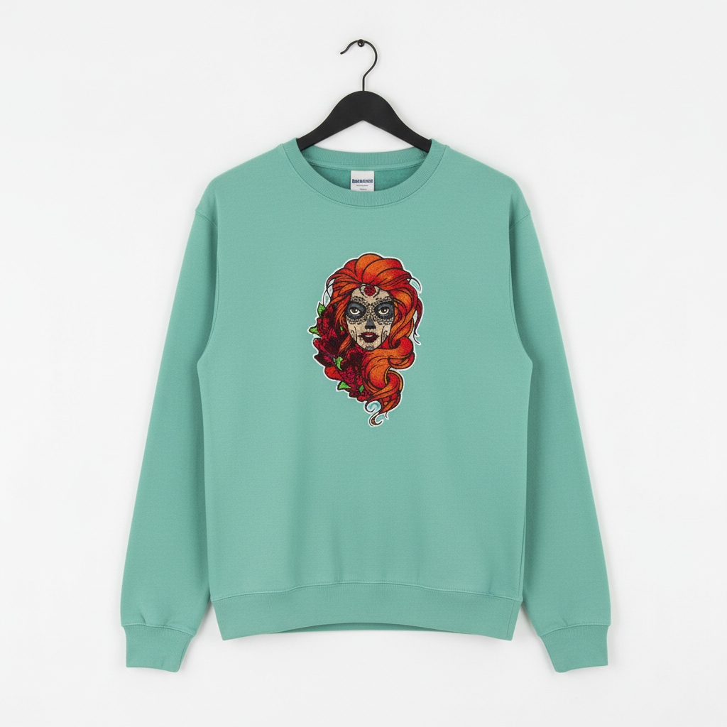 Sugar Skull Rose — Premium Embroidered Unisex Crewneck | Original EmbroMania Design