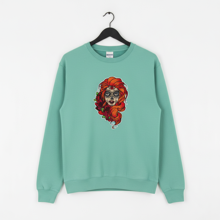Sugar Skull Rose — Premium Embroidered Unisex Crewneck | Original EmbroMania Design