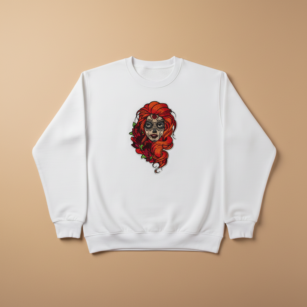 Sugar Skull Rose — Premium Embroidered Unisex Crewneck | Original EmbroMania Design