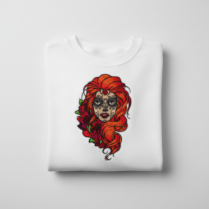 Sugar Skull Rose — Premium Embroidered Unisex Crewneck | Original EmbroMania Design