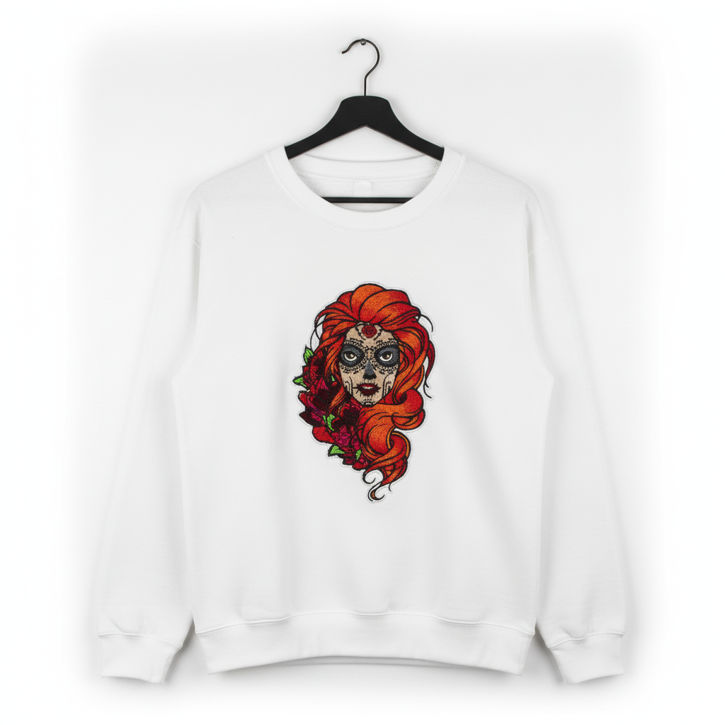 Sugar Skull Rose — Premium Embroidered Unisex Crewneck | Original EmbroMania Design