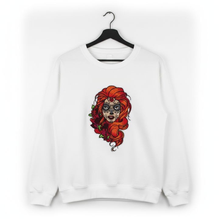Sugar Skull Rose — Premium Embroidered Unisex Crewneck | Original EmbroMania Design