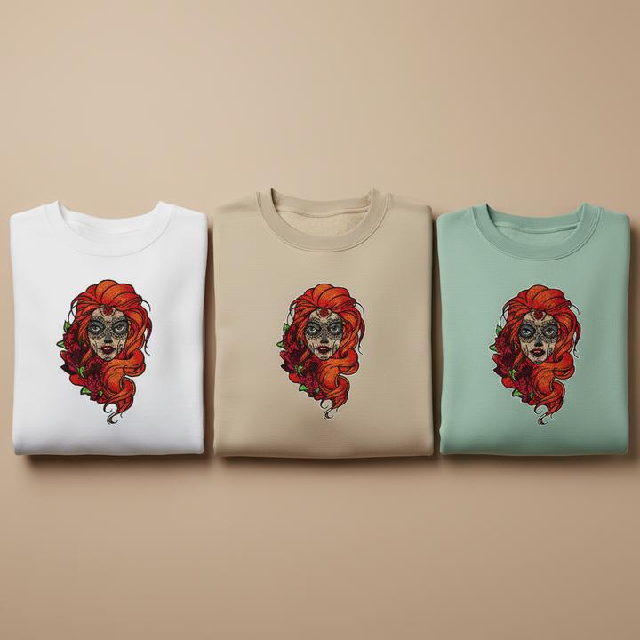 Sugar Skull Rose — Premium Embroidered Unisex Crewneck | Original EmbroMania Design